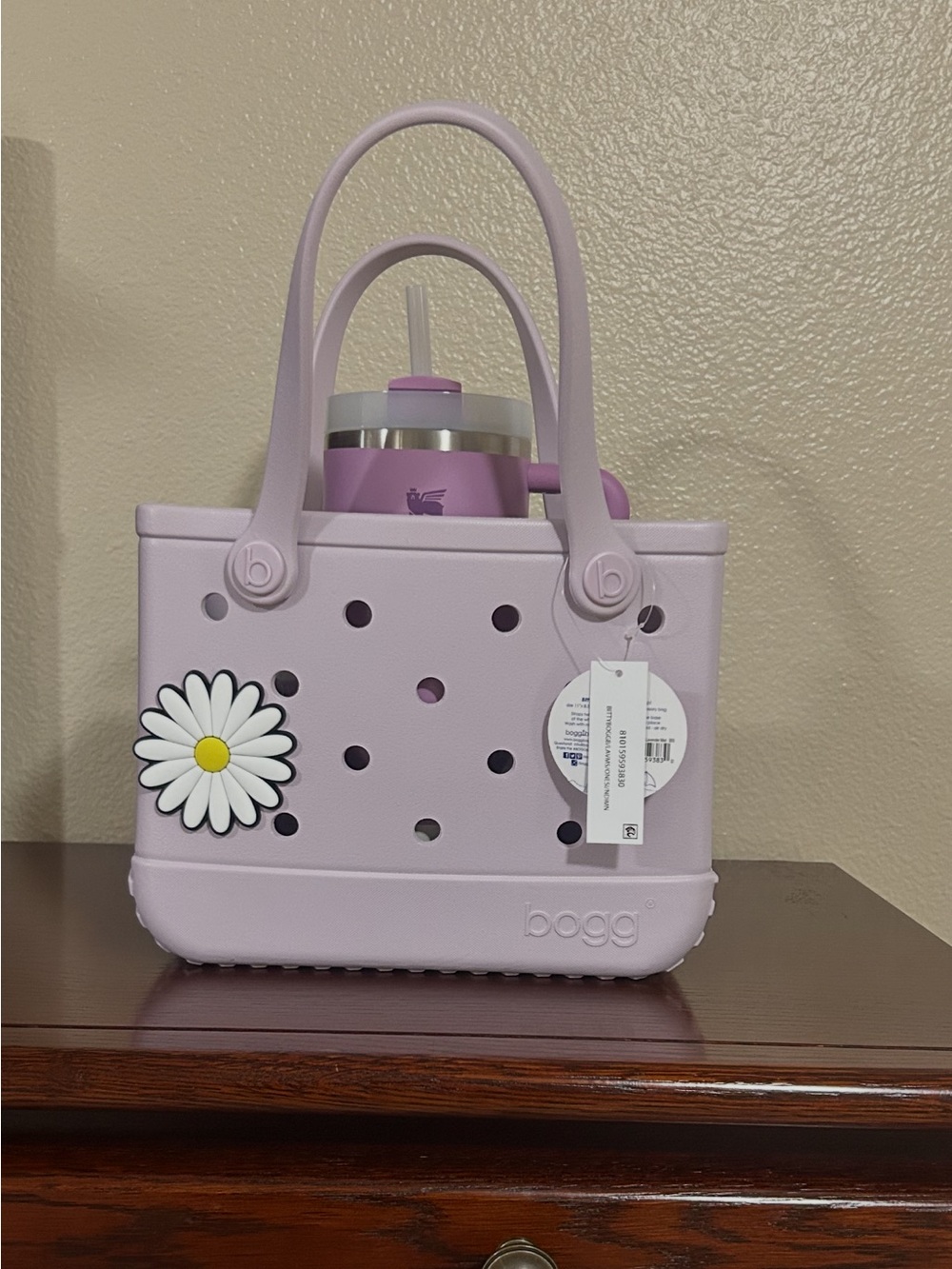 Small BOGG BAG Lilac Tote with Daisy Charm and 40 oz Stanley Tumbler
